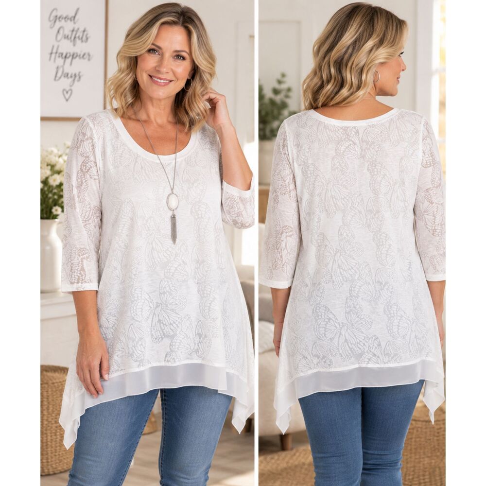 Casual Express XL White Butterfly Burnout Tunic Top 3/4 Sleeve Hi Low NWT #20